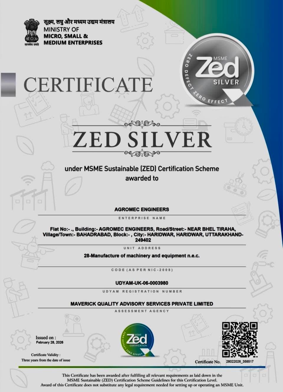 MSME ZED Silver certificate